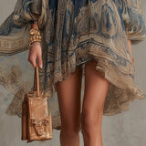 Bérénice | Asymmetrical Mini Dress in Navy Baroque Print with High Collar