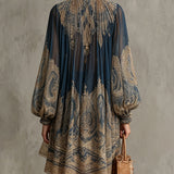 Bérénice | Asymmetrical Mini Dress in Navy Baroque Print with High Collar