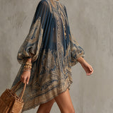 Bérénice | Asymmetrical Mini Dress in Navy Baroque Print with High Collar