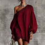 Olivia Mini Dress with Lace, Off-Shoulder Design, and Puff Sleeves