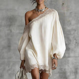 Olivia Mini Dress with Lace, Off-Shoulder Design, and Puff Sleeves