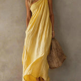 Adriana Asymmetrical Maxi Dress with Linen Effect